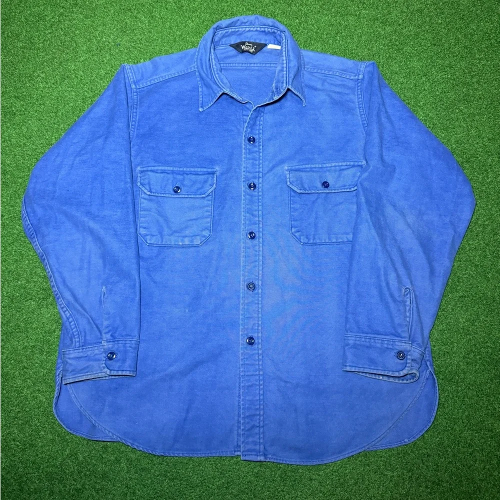 Woolrich Camois Thick Cotton Button Up 80s 90s Vintage Blue Flannel Shirt - Picture 1 of 7